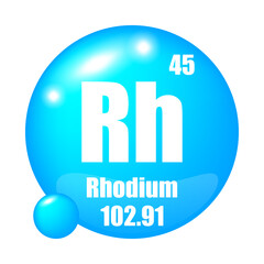 Rhodium icon. Rh chemical element. Atomic number 45. Mass 102.91. Blue sphere image. Vector symbol.