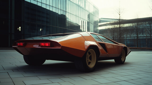 Orange wedge shaped sports car parked in city center - Powered by Adobe