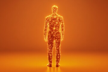Obraz premium Glowing human figure composed of golden light particles standing in a vibrant orange background symbolizing human energy transformation and the luminous connection between mind body and spirit