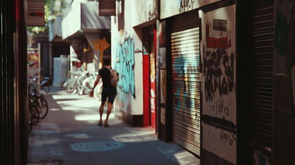 Man walking in alley with graffiti and bikes in background