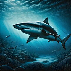 Obraz premium Large shark swimming gracefully in the ocean depths