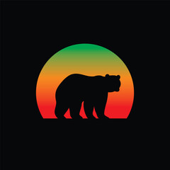 Silhouette of a bear against a striped retro sunset. Original vector illustration in vintage style isolated on light background. T-shirt design.