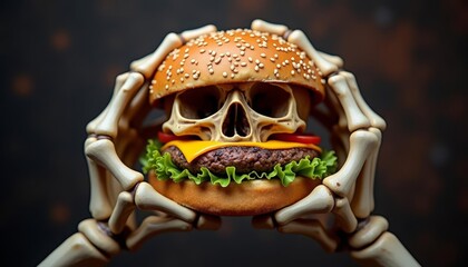  Bonechilling burger  Skeletal hands hold a burger with a skull for a bun