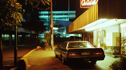 Vintage car parked outside illuminated building at night
