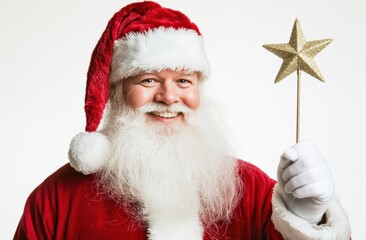 Santa, radiating joy with a golden star wand, evokes Christmas wonder perfect for holiday marketing and greeting cards.