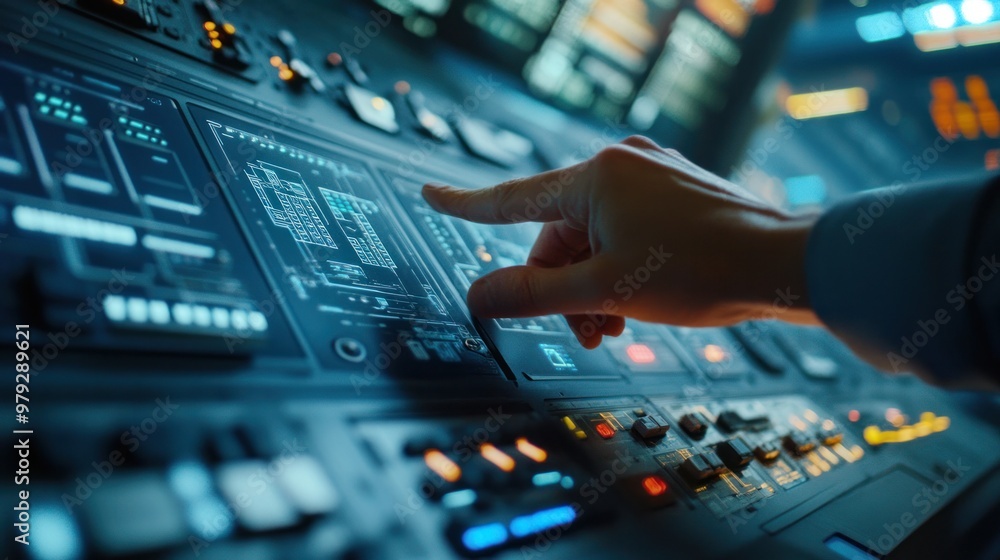 Poster a technology integration specialist troubleshooting issues on a digital control panel, optimizing sy