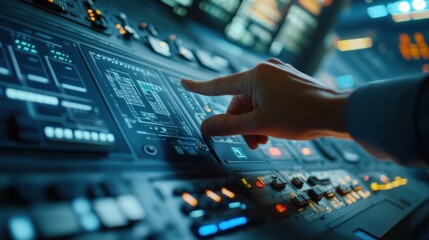 A technology integration specialist troubleshooting issues on a digital control panel, optimizing system performance in a high-tech environment