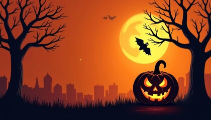  Spooky Halloween cityscape with jackolantern and bats