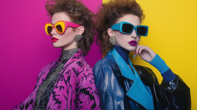 Two fashion models posing in 80s style clothing with sunglasses