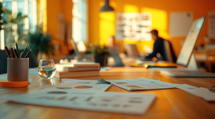 A conference room at sunset, with businesspeople's silhouettes and documents on the table, evokes collaboration and focus, perfect for teamwork and strategy presentations.