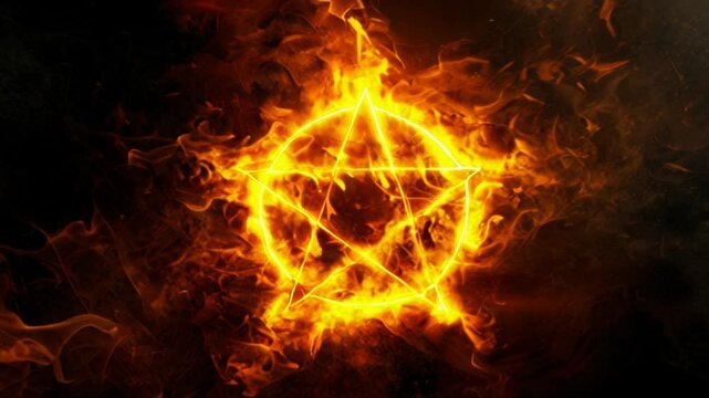 Fire yellow pentagram, fantasy pentagram star in flames,