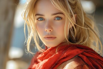 Cosplay girl embodying a female comic book character wearing a vibrant red cape costume.