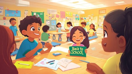 A vibrant school classroom filled with happy, diverse elementary students engaged in various learning activities, holding a Back to School
