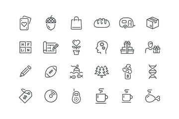 Acorn hazelnut, Bag shopping buy, Bread loaf bakery, set of icons for web design, vector illustration