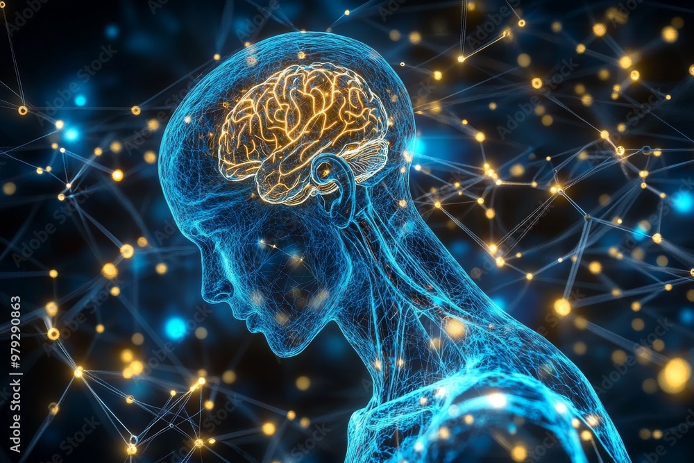 Poster anatomical figure with glowing neural pathways and blue electric brain activity symbolizing complexi