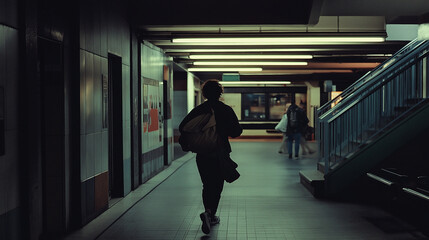Obraz premium Man running through dark subway station with vintage film aesthetic