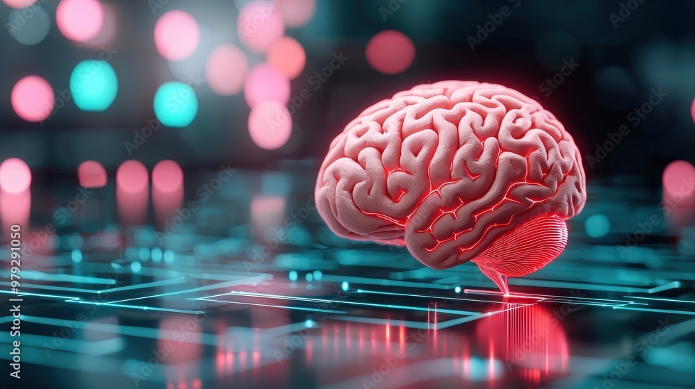 Poster human brain connected to a digital interface with neural enhancements