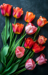 Obraz premium A bouquet of flowers with pink and orange petals. The flowers are arranged in a row and are placed on a black background. The arrangement gives off a warm and inviting feeling