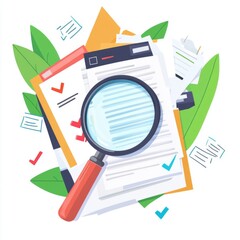 Magnifying glass examining a chart on a document, with tags related to business, finance, and data analysis