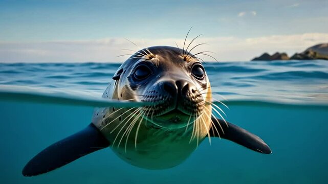 A joyful seal balances a ball on its nose in clear ocean water, with gentle waves and a bright sky, creating a lively, playful scene.