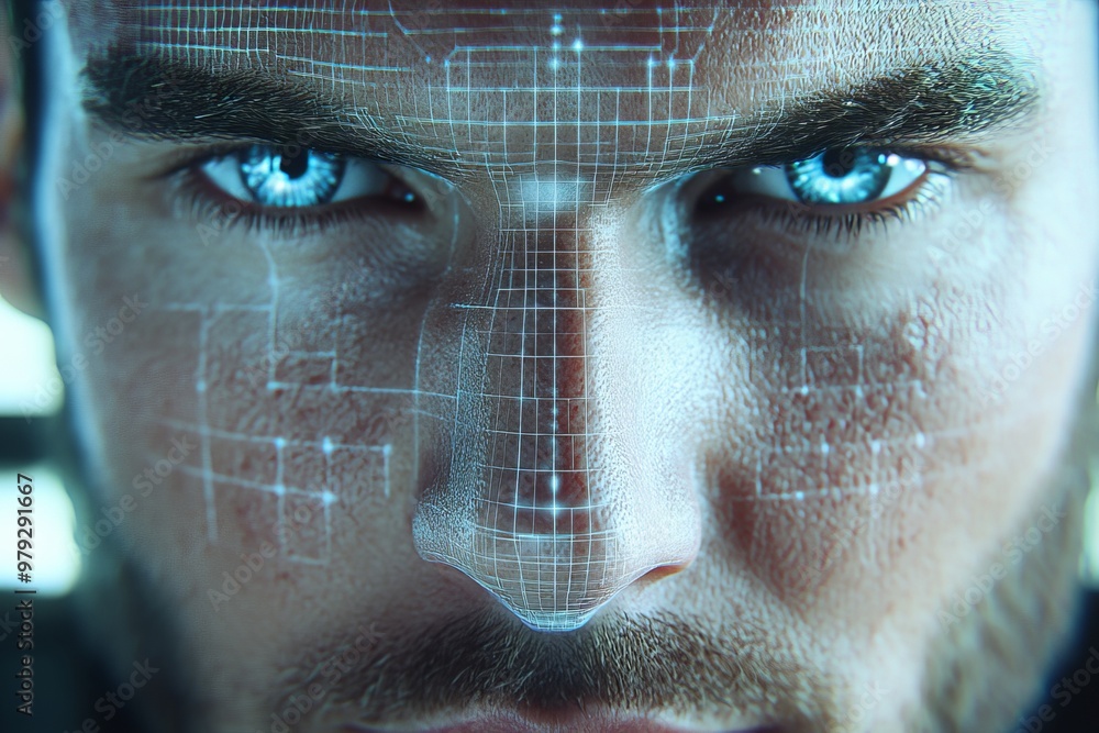 Poster man with a glowing digital grid mapped across his face symbolizing the fusion of human identity tech