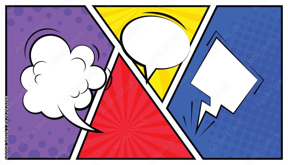 Poster Colorful comic scene background with blank speech bubble expression. empty comical speech clouds. comic books dialog bubbles. pop art background with blank balloons