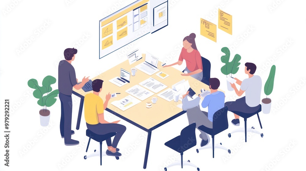 Poster an agile project manager conducting a sprint review meeting, with stakeholders and team members revi