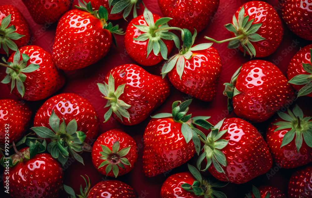 Poster a close up of a bunch of red strawberries. the strawberries are all different sizes and are arranged
