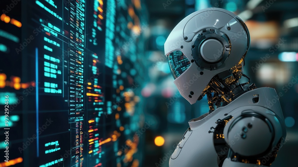 Poster ai robots monitor financial data, using machine learning to make rapid trading decisions, highlighti