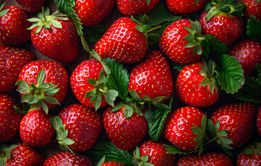 A close up of a bunch of red strawberries. The strawberries are fresh and ripe, and they are arranged in a way that makes them look like they are growing out of the leaves