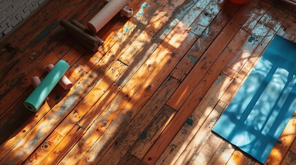 Serene Bird's Eye View of a Spacious Yoga Studio with Wooden Floors and Scattered Mats, Embracing the Essence of Mindful Movement and Relaxation