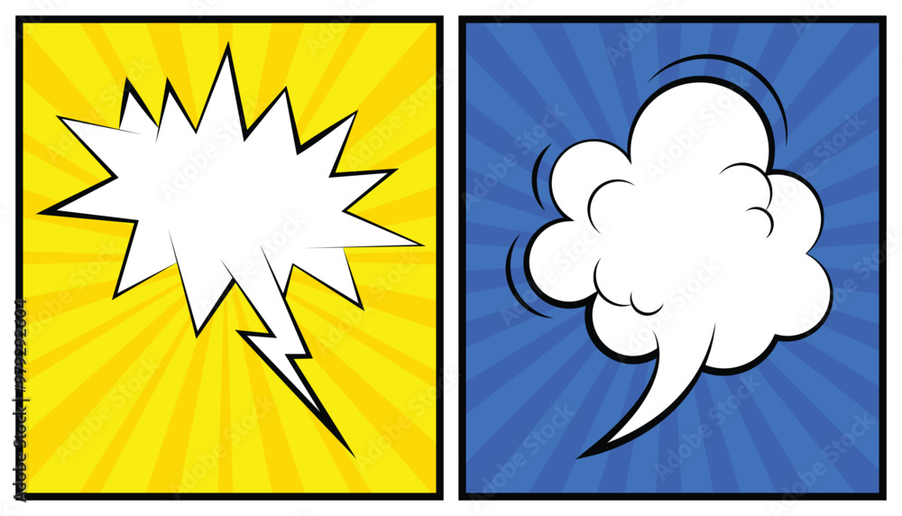 Poster comic book page template with blank white speech bubbles of different shapes. sound effects in pop a