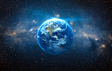 A blue and white planet in the middle of a dark sky. The planet is surrounded by a lot of stars and the sky is filled with them