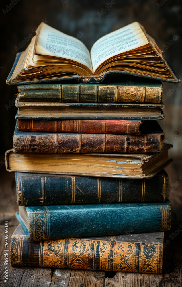 Poster a stack of old books with a book open to the middle. concept of nostalgia and the importance of pres