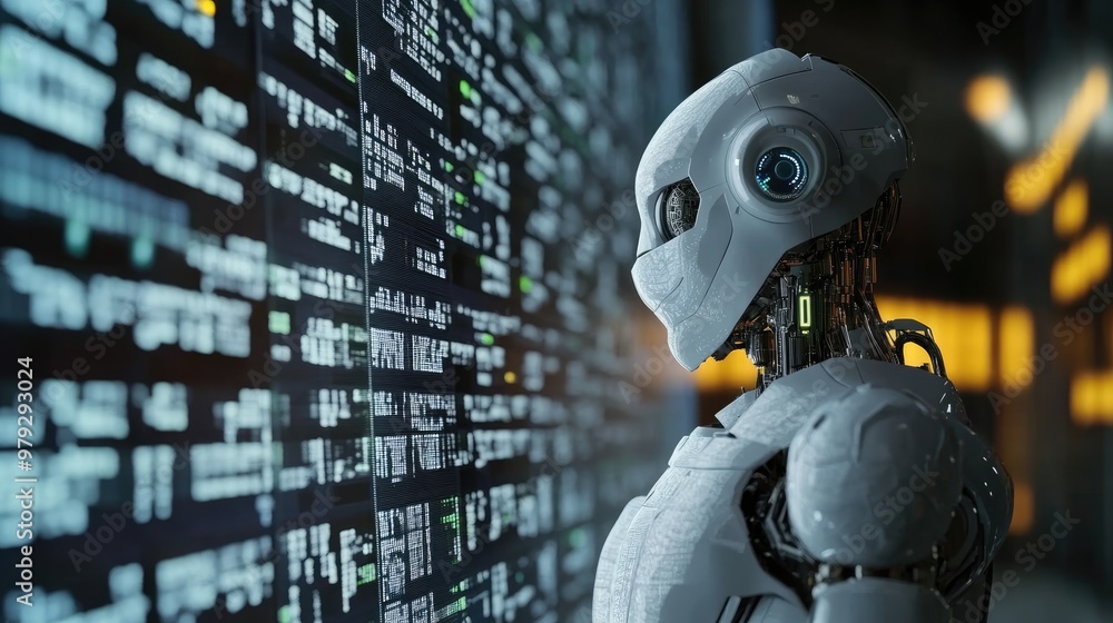 Poster ai robots monitor financial data, using machine learning to make rapid trading decisions, highlighti