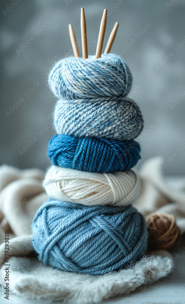 Poster a pile of blue, white, and gray yarn is stacked on top of each other. the colors are arranged in a w