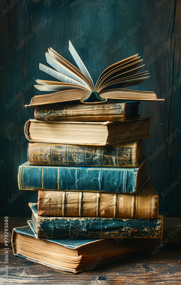 Poster a stack of old books with one open. concept of nostalgia and the importance of preserving knowledge 
