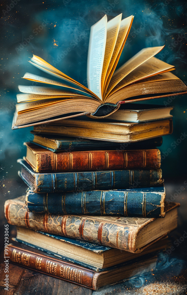 Poster a stack of books with one open to a page. concept of nostalgia and the importance of preserving know