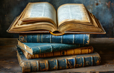 Obraz premium A stack of old books with a Bible on top. Concept of history and tradition, as well as the importance of reading and learning