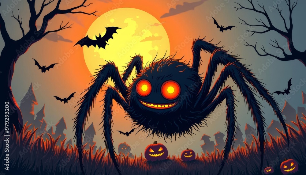 Sticker  Spooky Halloween night with a giant creepy spider and jackolanterns