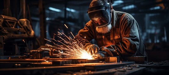 Experienced welder working in a dimly lit workshop during the early evening hours
