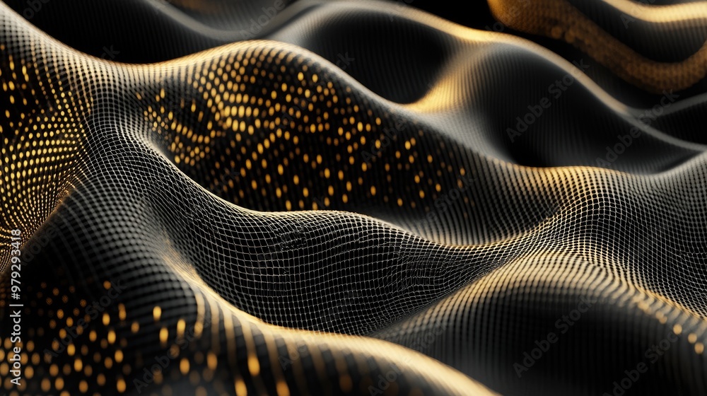 Poster an abstract design with golden interconnected lines, creating a mesh pattern that gives a sense of d