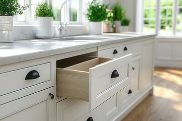 A bright kitchen scene featuring an open drawer, modern cabinets, and stylish plants creating a welcoming atmosphere.