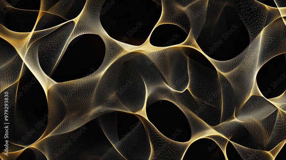 Poster an abstract design with golden interconnected lines, creating a mesh pattern that gives a sense of d