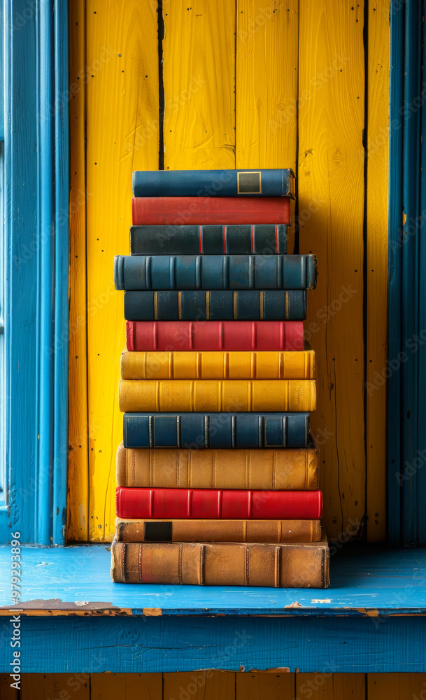 Poster a stack of books on a window sill. the books are of different colors and sizes. concept of curiosity