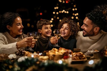 At a warmly decorated table, a family joyously clinks glasses during a holiday meal, their laughter and connection enveloping the room in festive peace and love.