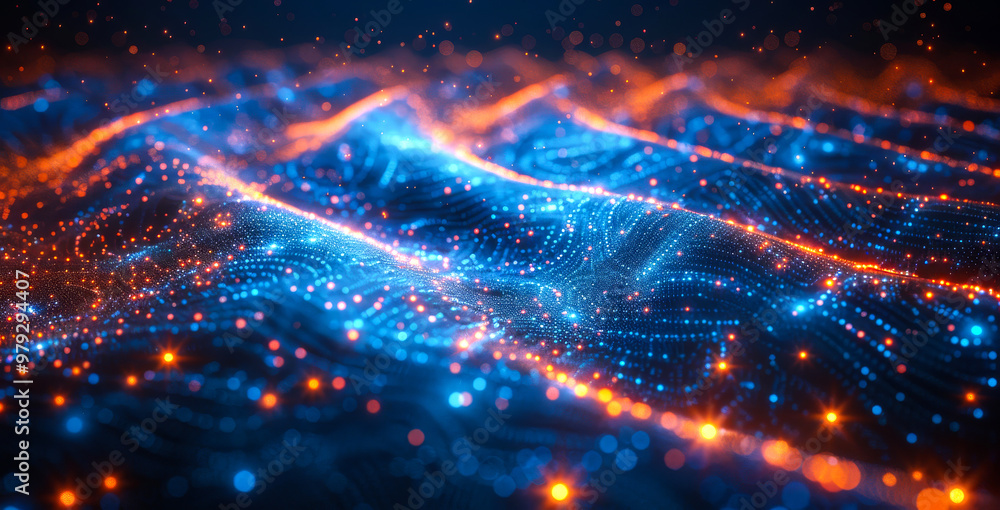 Poster a blue and orange wave with a lot of sparkles. the blue and orange colors create a sense of movement