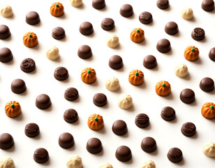 Fototapeta premium Assorted chocolates, candies and sweets arranged on a white background. Halloween themed with pumpkin shaped chocolates. Concepts of trick or treat and desserts.
