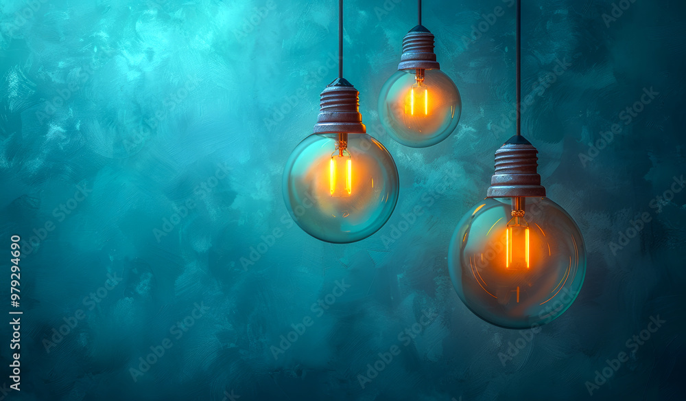 Poster three light bulbs hanging from the ceiling, one of which is lit. the bulbs are all different sizes a