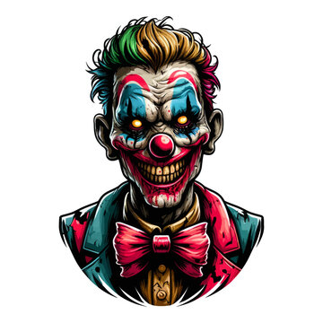 Detailed vector illustration of a sinister clown with glowing eyes, blending horror and circus themes.